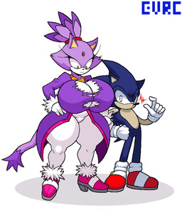 accessory anthro big_breasts black_eyes black_nose blue_body blue_ears blue_hair blue_tail bottomwear breasts clothing coat duo exposed_breasts eyelashes female footwear forehead_gem gem gloves hair hair_accessory hairband hand_on_hip hand_on_own_hip handwear huge_breasts looking_at_breasts looking_at_own_breasts looking_at_self looking_down looking_down_at_self male multicolored_body orange_eyes pants pink_clothing pink_footwear pink_shoes purple_body purple_clothing purple_coat purple_ears purple_hair purple_tail purple_tailcoat purple_topwear red_clothing red_footwear red_gem red_hairband red_shoes shoes simple_background tail tailcoat tan_body tan_inner_ear text thick_thighs three-quarter_view tight_clothing topwear torn_clothing torn_topwear two_tone_body white_background white_body white_bottomwear white_clothing white_gloves white_handwear white_pants evrc sega sonic_the_hedgehog_(series) blaze_the_cat dark_sonic sonic_the_hedgehog domestic_cat eulipotyphlan felid feline felis hedgehog mammal 2026 artist_name cel_shading colored digital_media_(artwork) hi_res shaded