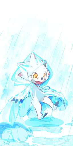 anthro claws clothing coat horn male open_mouth open_smile puddle raincoat raining simple_background smile solo topwear white_background white_body yellow_eyes icykalico bandai_namco digimon digimon_(species) gammamon 1:2 hi_res