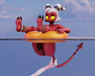 3_toes anklet anthro balls big_butt butt disembodied_hand duo feet femboy fingers flaccid freckled_face freckles genitals glans grabbing hair hooves horn humanoid_genitalia humanoid_penis inflatable inner_tube jewelry male male_humanoid nude outside penis pink_body pool_toy red_body red_genitals red_penis red_skin sea sharp_teeth smile soles solo_focus spade_tail tail tail_grab teeth thick_thighs toes water white_body white_hair yellow_eyes yellow_sclera brinsar hellaverse helluva_boss moxxie_(helluva_boss) demon demon_humanoid humanoid imp 3d_(artwork) absurd_res digital_media_(artwork) hi_res