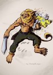 action_pose barazoku bottomwear clothing duo ink male melee_weapon muscular pants pawpads paws pose sitting sword weapon loque bandai_namco digimon digimon_(species) felid gabumon leomon lion mammal pantherine colored