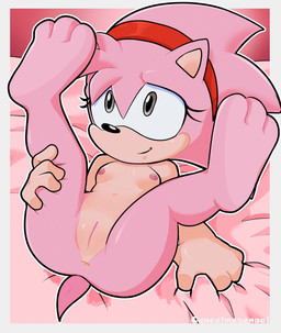 accessory anthro anus bed_sheet bedding bent_legs blush body_blush breasts butt clitoris feet female genitals grabbing_sheets grey_eyes headband headband_only leg_grab legs_up lying nipples nude nude_anthro nude_female on_back paws pink_body pink_nipples red_headband shy shy_smile size_difference small_breasts smaller_female smile solo spread_legs spreading thigh_grab toes vulva vulva_blush cancelmesenpai classic_sonic_(universe) sega sonic_the_hedgehog_(series) amy_rose classic_amy_rose eulipotyphlan hedgehog mammal absurd_res hi_res
