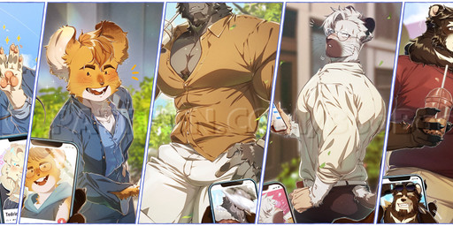 anthro beard belly belt beverage black_body black_bottomwear black_clothing black_fur black_hair black_pants blue_clothing blue_jacket blue_shirt blue_sky blue_topwear bottomwear brown_belt bubble_tea cellphone chest_markings city cityscape claws clock clothed clothing cloud collared_shirt denim denim_clothing denim_jacket denim_topwear dress_shirt eating electronics eyewear eyewear_on_head facial_hair finger_claws first_person_view food fur furgonomic_pants gesture glasses grey_body grey_fur grey_hair group hair holding_cellphone holding_food holding_object holding_phone holding_smartphone holding_tea jacket khaki_pants male mane markings multicolored_body multicolored_fur muscular muscular_anthro muscular_male open_clothing open_shirt open_topwear orange_body orange_fur orange_hair outside pants pawpads pecs phone photo plant red_clothing red_shirt red_topwear rodent_tail shirt shorts shrub sky smartphone smile sparkles sunglasses sunglasses_on_head tail tan_body tan_clothing tan_fur tan_mane tan_shirt tan_topwear topwear two_tone_body two_tone_fur watch waving waving_at_viewer whiskers white_body white_bottomwear white_clothing white_fur white_hair white_shirt white_shorts white_topwear wristwatch booboo34 august_(booboo34) cliff_zoloto rico_(booboo34) tedric_(booboo34) thomas_garrison ape bear black_bear domestic_cat felid feline felis gorilla haplorhine lion mammal moon_bear mouse murid murine pantherine primate rodent ursine 2025 absurd_res hi_res watermark