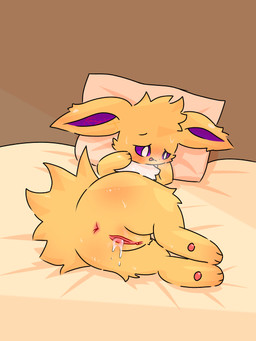 after_sex after_vaginal anus bed bedroom black_nose blush bodily_fluids cum cum_in_vagina cum_inside female female_feral feral fur furniture genital_fluids genitals humanoid_genitalia humanoid_vulva leaking_cum looking_down looking_pleasured lying narrowed_eyes neck_tuft on_bed on_side open_mouth paws pillow pink_anus pink_vulva purple_eyes purple_inner_ear solo sweat tuft vulva white_body white_fur yellow_body yellow_ears yellow_fur conditional_dnp xammyxx nintendo pokemon eeveelution generation_1_pokemon jolteon pokemon_(species) 2026 3:4 cel_shading digital_media_(artwork) english_description hi_res ibispaint_(artwork) shaded signature watermark