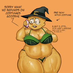 anthro balls big_breasts black_eyes bodily_fluids bra breasts buckteeth cellphone cleavage clothed clothing dialogue electronics eyelashes eyewear female freckled_balls freckled_breasts freckled_crotch freckled_face freckled_hips freckled_legs freckled_shoulders freckled_thighs freckles front_view genitals glasses green_bra green_clothing green_thong green_underwear grey_clothing grey_hat grey_headwear grey_topwear hand_on_chest hat headgear headwear holding_object holding_phone navel nervous nipple_outline orange_background overweight overweight_female phone pussy_floss round_glasses scales simple_background smartphone solo sweat sweatdrop teeth text thick_thighs thong topwear underwear vulva wide_hips witch_costume witch_hat yellow_body yellow_scales redmanart undertale_(series) alphys lizard reptile scalie 1:1 absurd_res english_text hi_res