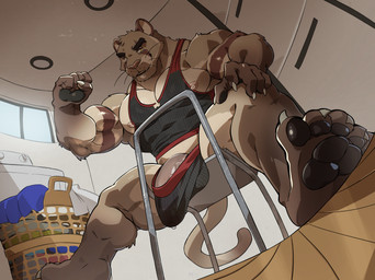 anthro appliance bedroom_eyes black_clothing black_undershirt black_underwear bodily_fluids bulge claws clothing dirty_underwear dripping eye_scar facial_scar feet finger_claws flexing flexing_bicep genital_fluids laundry laundry_basket laundry_machine laundry_room looking_at_viewer male muscular muscular_anthro muscular_male narrowed_eyes pawpads paws precum precum_drip scar seductive shirt tank_top toe_claws topwear underwear tiggon_the_great ricius_teck cougar felid feline mammal hi_res