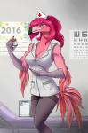 anthro beak blue_eyes breasts cleavage clothed clothing feathers female hair legwear medical non-mammal_breasts nurse pink_body pink_feathers pink_hair red_cross solo thigh_highs kotya-ra agnes das_(character) avian bird flamingo hi_res