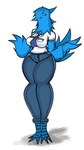 anthro avian_feet beak big_breasts blue_beak blue_body blue_bottomwear blue_clothing blue_feathers blue_jeans blue_pants bottomwear breasts clothed clothing denim denim_bottomwear denim_clothing eyelashes feathers female jeans name_tag necktie pants purple_necktie shirt short_sleeves simple_background smile solo thick_thighs topwear white_background white_clothing white_eyes white_shirt white_topwear wide_hips winged_arms wings sketchylimesliv twitter tweetfur avian bird absurd_res hi_res meme