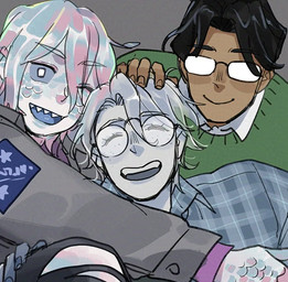 ambiguous_gender clothed clothing eyelashes eyewear feather_hair feathers glasses group hair iridescent iridescent_body male not_furry pseudo_hair scales smile teeth trio white_body starfleetrambo siren_and_scientist edward_(starfleetrambo) lachlann_(starfleetrambo) oskar_(starfleetrambo) animal_humanoid aquatic aquatic_humanoid human humanoid mammal nixie oarfish_humanoid siren digital_media_(artwork) trans_(lore) trans_man_(lore)