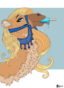 bridle female feral food fur hair half-closed_eyes inner_ear_fluff looking_at_viewer narrowed_eyes popsicle popsicle_in_mouth popsicle_melting side_view solo suggestive tassels tongue tongue_out tuft marcushunter jewel_(marcushunter) camel camelid mammal 2026 headshot_portrait hi_res portrait signature