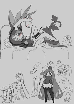 backpack biped blush breasts female feral group interspecies leaf leaf_tail male male/female nipples plant pokephilia sex tail trio vines bloodycat nintendo pokemon gardevoir generation_3_pokemon generation_5_pokemon generation_7_pokemon human humanoid mammal pokemon_(species) serperior snivy tsareena absurd_res hi_res monochrome