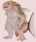 anthro brown_spots featureless_crotch gills grey_body hand_on_hip male markings nude open_mouth orange_body orange_eyes simple_background solo spots spotted_body spotted_markings spotted_neck spotted_tail tail tail_markings tan_body tan_sclera imperatorcaesar fish marine absurd_res full-length_portrait hi_res portrait