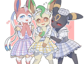alternative_fashion anthro anthrofied black_body black_fur blue_eyes blue_inner_ear blush blush_lines bow_(feature) bow_accessory brown_eyes brown_inner_ear button_(fastener) button_dress checkered checkered_clothing clothed clothed_anthro clothing country_lolita crossdressing crossdressing_male cute_fangs digitigrade dipstick_ears dress ear_bow ear_markings embarrassed fangs femboy fingers flustered frilly frilly_clothing frilly_dress fur fur_markings gender_symbol gloves_(marking) green_body green_fur grey_clothing group hat headgear headwear holowear_(pokemon) humiliation j-fashion kemono leaf leaf_ears leaf_hair leg_markings lolita_(fashion) lolita_dress looking_at_another looking_at_viewer male male_symbol markings multicolored_body multicolored_ears multicolored_fur neck_bow open_mouth pattern_clothing paws pink_body pink_clothing pink_fur plant plant_hair pokemorph pseudo_hair red_eyes ribbons_(anatomy) ring_(marking) simple_background socks_(marking) sweat_emanata sweet_lolita symbol tan_body tan_fur teeth triangle_nose trio tuft two_tone_body two_tone_fur white_body white_fur wide_eyed yellow_body yellow_clothing yellow_fur pikop nintendo pokemon pokemon_unite checkered_style_leafeon checkered_style_sylveon checkered_style_umbreon eeveelution generation_2_pokemon generation_4_pokemon generation_6_pokemon leafeon pokemon_(species) sylveon umbreon digital_drawing_(artwork) digital_media_(artwork) pastel_theme shaded
