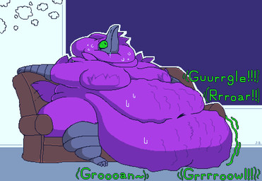 anthro back_rolls beak belly belly_on_ground belly_overhang belly_rolls big_belly big_breasts bodily_fluids breasts drooling fat_rolls feathers female furniture green_sclera huge_belly hungry hyper hyper_belly inside morbidly_obese morbidly_obese_anthro morbidly_obese_female naturally_censored navel neck_rolls nude obese obese_anthro obese_female on_sofa onomatopoeia overweight overweight_anthro overweight_female purple_body purple_feathers rumbling_stomach saliva sitting sitting_on_sofa sofa solo sound_effects sweat sweaty_belly sweaty_face tail tail_motion text thought_bubble three-quarter_view waking_up wide_eyed wide_hips jellybru bre_mageus alien avian bird 2024 digital_media_(artwork) english_text hi_res pixel_(artwork) signature