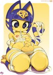 anthro anthrofied balls bandage bangs big_balls big_balls_small_penis blue_ears blue_hair bob_cut bodily_fluids border breast_fondling breast_play breasts chibi circle_eyebrows disproportionate_genitalia dwarfism eyebrows fondling foreskin fur genital_fluids genitals gold_(metal) gold_jewelry gynomorph hair hand_on_breast humanoid_genitalia humanoid_penis intersex intragenital_size_difference jewelry kemono kneeling looking_at_genitalia looking_at_penis looking_at_self markings mummy_wrappings navel nipples penis precum semi-anthro short_stack simple_background skindentation small_breasts small_penis solo striped_markings striped_tail stripes tail tail_markings thick_thighs unretracted_foreskin uraeus white_border yellow_background yellow_body yellow_fur yellow_inner_ear krokobyaka animal_crossing nintendo ankha_(animal_crossing) felid feline mammal 2023 colored digital_media_(artwork) hi_res shaded