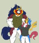 anthro bottomless clothed clothing duo eyes_closed grey_background hand_behind_head looking_at_another male muscular simple_background size_difference smile mc_morrales nintendo pokemon crowned_shield_zamazenta crowned_sword_zacian generation_8_pokemon legendary_pokemon pokemon_(species) zacian zamazenta hi_res