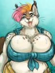 anthro big_breasts bodily_fluids breasts cleavage clothed clothing female hair huge_breasts open_mouth pink_hair shirt solo sweat thirsty tight_clothing tongue topwear gravewalker gravey domestic_cat felid feline felis lynx mammal digital_media_(artwork) hi_res