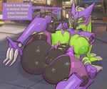 4_eyes areola big_breasts big_butt black_body breasts butt dialogue female genitals green_areola green_body green_eyes green_nipples lying machine mouthless multi_eye nipples on_back purple_body pussy raised_leg solo speech_bubble text thick_thighs wide_hips water_enjoyer blizzard_entertainment overwatch symmetra_(overwatch) humanoid robot robot_humanoid english_text