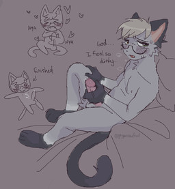 anthro bedding blanket blush bodily_fluids chibi cum embarrassed eyewear genital_fluids glasses humiliation male masturbation nipples overstimulation pillow solo stroking_penis sweat gaypassionfruit animal_crossing nintendo raymond_(animal_crossing) domestic_cat felid feline felis mammal