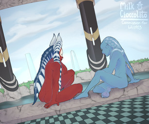 areola blue_body blue_skin breasts brown_eyes butt duo eyebrows eyelashes facial_markings feet female head_markings lekku_(anatomy) markings nipples not_furry nude red_body red_skin side_boob sitting milk_cioccolato star_wars aayla_secura shaak_ti alien alien_humanoid humanoid togruta twi'lek 2025 absurd_res hi_res