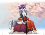 anthro biped breasts clothed clothing female genitals grey_hair hair looking_at_viewer melee_weapon nipples purple_hair purple_nipples pussy sitting skimpy solo spread_legs spreading sword tail weapon thetiedtigress jess_(teckly) canid canine canis mammal wolf