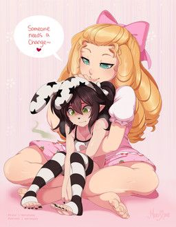accessory blonde_hair bow_ribbon clothed clothing diaper dominant dominant_female dress duo female hair hair_accessory hair_bow hair_ribbon headpat holding_partner legwear on_lap pattern_clothing pink_clothing pink_dress rabbit_ears ribbons simple_background sitting_on_lap size_difference soiled_diaper stink_fumes stockings striped_clothing stripes text unclean_diaper used_diaper wearing_diaper merunyaa ryhn lagomorph leporid mammal rabbit 2018 english_text hi_res
