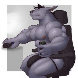 anthro areola barazoku beverage beverage_can big_muscles big_pecs big_penis biped black_hair body_hair bulge chest_hair clothed clothing computer_mouse detailed_bulge fingers frown fur gaming_chair genital_outline genitals grey_background grey_body grey_eyes grey_fur hair half-erect holding_beverage holding_object huge_pecs humanoid_hands jockstrap jockstrap_only male muscular muscular_anthro muscular_arms muscular_legs muscular_male nipples pantsless_anthro pantsless_male pecs penis penis_outline short_hair side_view simple_background sitting solo topless topless_anthro topless_male underwear underwear_only fleshformomo monster_energy momo_(fleshformomo) hyena mammal 1:1 2024 colored hi_res