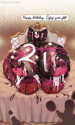 anthro bedroom big_breasts big_butt black_hair blush blushing_profusely bodily_fluids bound breasts butt candy chocolate chocolate_sauce dairy_products dessert dragon_tattoo expansion female food food_fetish food_play full_body_tattoo hair highlights_(coloring) huge_breasts huge_thighs hyper hyper_breasts hyper_thighs lactating red_eyes ribbons solo tattoo text thick_thighs whipped_cream yue0sha avian humanoid absurd_res english_text hi_res huge_filesize