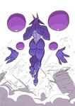 2021 back_muscles building claws conditional_dnp digital_media_(artwork) dust_cloud female floating_hands full-length_portrait horn humanoid jollyjack kaiju muscular muscular_female muscular_legs portrait purple_body rear_view skyscraper solo