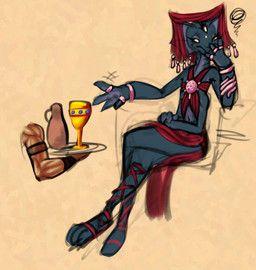 4_arms 4_fingers 5_eyes anthro athletic athletic_anthro athletic_female blue_body clothing container cup female fin fingers flat_chested flower_mouth footwear gills goblet grumpy head_fin headdress jewelry multi_arm multi_eye multi_limb navel sandals shoes sitting soulcentinel stargate nirrti_(stargate) alien goa'uld