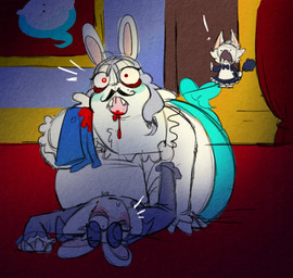 4_fingers all_fours anthro apron arms_bent black_clothing black_dress black_facial_hair black_mustache blood blood_on_face blood_on_tongue blue_body blue_clothing blue_shirt blue_tail blue_topwear bodily_fluids cleaning_tool closed_frown cloth clothed clothed_anthro clothed_male clothing dot_eyes dress exclamation_point eyelashes eyewear facial_hair fangs feather_duster fingers frown frowning_at_viewer fur glasses grey_hair group hair holding_cleaning_tool holding_cloth holding_clothing holding_feather_duster holding_object holding_shirt holding_topwear inside long_ears long_hair looking_at_another looking_at_viewer lying lying_on_ground maid_uniform male male/male male_anthro markings mole_(marking) mouth_closed mustache noseless on_back on_ground open_frown open_mouth overweight overweight_anthro overweight_male painting_(object) red_curtains red_eyes round_glasses shirt simple_eyes standing surprised tail tan_inner_ear teeth tongue tongue_out topwear trio uniform wall_(structure) white_apron white_body white_clothing white_fur white_shirt white_topwear randomrabbidramblings mario_bros mario_plus_rabbids_kingdom_battle mario_plus_rabbids_sparks_of_hope nintendo raving_rabbids rayman_(series) ubisoft lone_wolf_(mario_plus_rabbids) phantom_of_the_bwahpera t.s._woodrow canid canine canis ghost hybrid lagomorph mammal rabbid spirit vampire wolf 2024 colored colored_sketch crossover digital_drawing_(artwork) digital_media_(artwork) shaded sketch