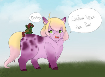 ambiguous_feral ambiguous_gender baby_talk blonde_hair brown_hair brown_tail carrying_another dialogue duo eye_contact eyelashes feral fur gradient_hair gradient_tail grass green_body green_eyes green_fur hair hooves looking_at_another looking_back looking_back_at_another markings open_mouth orange_stripes pink_body pink_fur plant purple_hooves purple_spots side_view sitting size_difference sky smile speech_bubble spots spotted_markings standing striped_body striped_fur stripes tail teeth text wings yellow_eyes yellow_tail young young_ambiguous young_feral lemoncurds fluffy_pony mythology equid equine fluffy_pony_(species) mammal mythological_creature mythological_equine pegasus 2024 digital_media_(artwork) english_text hi_res