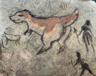 ambiguous_gender anus butt female feral group gynomorph hunter intersex male trio altcat bovid bovine cattle dinosaur human humanoid mammal prehistoric_species reptile scalie absurd_res ancient_art hi_res traditional_media_(artwork)