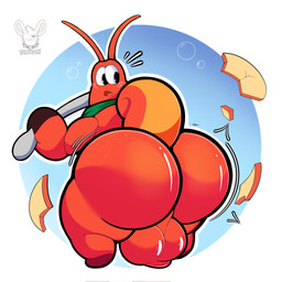 antennae_(anatomy) anthro backsack balls big_balls big_butt blush blush_lines butt genitals huge_butt kerchief looking_back male neckerchief neckwear nude open_mouth rear_view simple_background solo tail teapot_(body_type) text thick_thighs tongue wide_hips yamwamm aggro_crab another_crab's_treasure kril_(another_crab's_treasure) arthropod crab crustacean decapod hermit_crab malacostracan mammal marine 1:1 digital_media_(artwork) english_text hi_res