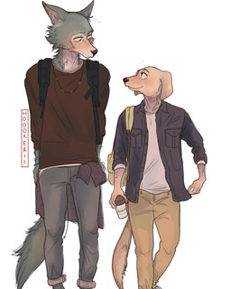 anthro backpack blush bottomwear cheek_tuft clothed clothing container cup duo eye_contact facial_tuft fully_clothed fur grey_body grey_fur holding_container holding_cup holding_object looking_at_another male pants shirt simple_background tan_body tan_fur topwear tuft white_background hoookerii beastars jack_(beastars) legoshi_(beastars) bird_dog canid canine canis domestic_dog hunting_dog labrador mammal retriever wolf 2020 4:5 hi_res