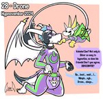 abstract_background anthro big_wings biped black_body black_sclera black_text blue_speech_bubble bodysuit claws clean_diaper clothed clothing collar control_collar cross-eyed dialogue diaper drone dronification duo fangs flying glistening gold_claws green_clothing green_eyes green_skinsuit green_wings half-closed_eyes horn hypnosis kneeling latex male membrane_(anatomy) membranous_wings mind_control narrowed_eyes open_mouth power_symbol purple_clothing purple_diaper purple_eyes purple_skinsuit purple_speech_bubble ring ringed_eyes simple_background size_difference skinsuit speech_bubble teeth text tight_clothing toe_claws toony usb_tail wearing_diaper white_text wings yellow_horn soul-silver-dragon hypnovember mythology conayr reboot_(soul-silver-dragon) dragon mythological_creature mythological_scalie scalie 2024 digital_drawing_(artwork) digital_media_(artwork) english_text hi_res