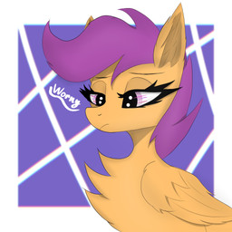 abstract_background eyebrows eyelashes female feral fluffy fluffy_chest fluffy_ears fur hair mane orange_body orange_fur purple_eyes purple_mane simple_background solo text thick_eyelashes wings worny friendship_is_magic hasbro my_little_pony mythology equid equine horse mammal mythological_creature mythological_equine pegasus 1:1 2025 absurd_res digital_media_(artwork) hi_res portrait signature