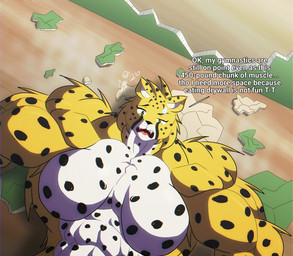 abs anthro big_breasts big_muscles breasts debris dialogue dizzy female green_eyes huge_muscles hyper hyper_muscles looking_at_viewer muscular muscular_female solo speech_bubble text wall_(structure) aj_lethal giselle_ramos_(aj_lethal) humanoid werecheetah english_text hi_res