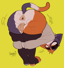 3_toes 5_fingers anthro anus backsack balls bent_over black_clothing black_eyebrows black_legwear blush blush_lines bodily_fluids butt cheek_tuft circle_eyebrows clothing crossgender dialogue dipstick_tail ear_piercing eyebrows facial_tuft feet femboy fingers ftm_crossgender fur genital_raphe genitals grey_body grey_fur hands_between_legs head_tuft humanoid_genitalia humanoid_penis legwear looking_away male male_anthro markings multicolored_body multicolored_fur narrowed_eyes orange_body orange_eyes orange_fur penis piercing raphe_(anatomy) scrotal_raphe simple_background smiley_face solo speech_bubble standing sweat sweaty_butt tail tail_markings tan_body tan_fur text toes triangle_anus tuft yellow_background tuggg epic_games fortnite praise_da_booty_(meme) meow_skulls domestic_cat felid feline felis mammal 2025 artist_name signature