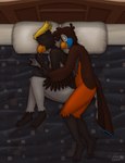 3_toes 5_fingers ankle_tuft anthro arm_tuft back_tuft beak bed bed_sheet bedding black_body black_claws black_feathers blue_body blue_feathers brown_body brown_feathers cheek_tuft chest_tuft claws countershade_arms countershade_face countershade_hands countershade_torso countershading detailed_background dipstick_tail dipstick_tail_feathers duo eyes_closed facial_markings facial_tuft feathered_crest feathers feet fingers furniture head_crest head_markings head_tuft high-angle_view hug knee_tuft leg_tuft logo lying male male/male markings nude nude_male on_bed on_side one_eye_obstructed orange_body orange_feathers pillow shoulder_tuft sleeping smile spooning striped_feathers tail tail_feathers tail_markings toes tuft white_body white_feathers winged_arms wings yellow_beak yellow_body yellow_feathers sammfeatblueheart jay_(sammfeatblueheart) avian bird crested_penguin penguin trogon trogonid 2023 artist_logo hi_res shaded signature