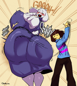 5_fingers anthro big_butt blue_clothing blush butt butt_slap clothed clothed_anthro clothed_female clothed_human clothed_male clothing duo eyes_closed female female_anthro fingers fur huge_butt humanoid_hands male male_human mature_anthro mature_female purple_clothing slap standing white_body white_ears white_fur joaoppereiraus undertale_(series) toriel bovid caprine goat human mammal hi_res