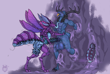 anthro areola arthropod_abdomen ball_inflation balls big_balls big_breasts big_butt big_penis black_claws black_hair black_markings blue_areola blue_balls blue_body blue_breasts blue_markings blue_nipples blue_scales blue_tongue blush bodily_fluids breasts butt chest_lick claws detailed_background duo exoskeleton feral genitals glowing glowing_eyes hair horn intersex intersex/male knot knotted_penis licking logo looking_up male markings motion_lines muscular muscular_male nipples nude_intersex nude_male paws penetration penile penile_penetration penis penis_in_penis pink_hair purple_body saliva scales sex spiked_penis spikes spikes_(anatomy) standing standing_sex tongue tongue_out urethral urethral_penetration wings yellow_eyes yellow_tongue wolfarion mythology arthropod dragon horned_dragon insect mythological_creature mythological_scalie scalie 2026 artist_logo colored dated full-length_portrait hi_res portrait shaded