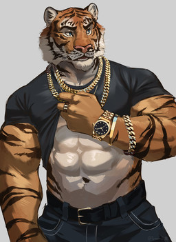 abs anthro bottomwear chain clock clothed clothing clothing_lift gold_(metal) gold_chain male navel pants shirt shirt_lift simple_background solo stripes topwear watch whiskers wristwatch itymnro felid mammal pantherine tiger 2021 hi_res