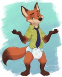 ageplay anthro arms_out clothed clothing diaper gesture infantilism looking_at_viewer male necktie paws roleplay shrug smug solo standing wearing_diaper baltnwolf disney zootopia nick_wilde canid canine fox mammal hi_res