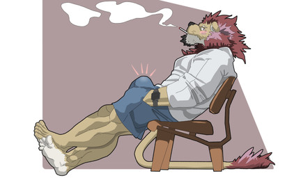 abstract_background anthro blush blush_lines bottomwear brown_body brown_fur bulge chair cigarette cigarette_in_mouth cigarette_smoke clock clothed clothing embarrassed erection erection_under_clothing facial_hair feet fur furniture hand_in_pocket humanoid_feet kemono looking_at_viewer male mane muscular muscular_male object_in_mouth plantigrade pockets reclining shorts smoke solo tail tail_tuft tuft watch chan_kiti_chan felid lion mammal pantherine full-length_portrait hi_res portrait