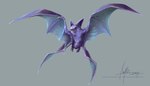 2014 4_wings action_pose alternate_form ambiguous_feral ambiguous_gender bat beady_eyes black_eyes black_nose caymartworks claws clenched_teeth crobat digital_media_(artwork) digital_painting_(artwork) fangs feral flying flying_fox front_view full-length_portrait fur generation_2_pokemon grey_background hi_res mammal megabat membrane_(anatomy) membranous_wings midair multi_wing nintendo pokemon pokemon_(species) portrait pose purple_body purple_fur realistic sharp_teeth simple_background solo spread_wings teeth wing_claws wings