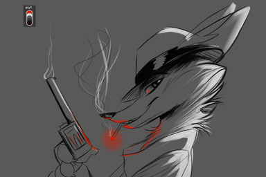 anthro cigarette cigarette_in_mouth clothed clothing color_swatch fur grey_background gun handgun hat headgear headwear holding_gun holding_object holding_ranged_weapon holding_weapon light male neck_tuft object_in_mouth ranged_weapon revolver simple_background smoke solo tuft weapon juantriforce disney zootopia nick_wilde canid canine fox mammal red_fox true_fox 3:2 digital_media_(artwork) hi_res lighting monochrome sketch