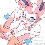 3_toes anthro areola big_eyes blue_eyes blush breasts disembodied_hand duo feet female genitals ineffective_censorship male male/female nipples pink_areola pink_nipples pink_pussy pussy small_breasts spread_legs spread_pussy spreading toes white_body moodang nintendo pokemon eeveelution generation_6_pokemon human mammal pokemon_(species) sylveon absurd_res censored hi_res mosaic_censorship