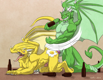 4_toes abs alcohol all_fours anal anal_penetration animal_genitalia anthro anthro_on_anthro anthro_penetrated anthro_penetrating anthro_penetrating_anthro athletic balls beer beverage biceps big_muscles blue_eyes blush bodily_fluids bottle butt butt_slap claws clenched_teeth container cum cum_from_spanking cum_in_ass cum_inside cum_on_ground cum_string cum_while_penetrated cumshot digitigrade doggystyle dominant dominant_male drinking dripping drooling drunk duo ejaculation erection fangs feet from_behind_position fucked_silly genital_fluids genital_slit genitals green_body green_eyes green_skin grin hands-free happy happy_sex holding_bottle holding_container holding_object horn humanoid_genitalia humanoid_penis kneeling leaking male male/male male_penetrated male_penetrating male_penetrating_male membrane_(anatomy) membranous_wings muscular muscular_male nude open_mouth orgasm orgasm_face pecs penetration penile penile_penetration penile_spines penis saliva scales sex simple_background slap smile spanking substance_intoxication tail teeth toe_claws toes tongue tongue_out vein veiny_muscles white_horn wings yellow_body yellow_skin wfa european_mythology mythology spyke szlius_fruse_(crestcorp) dragon mythological_creature mythological_scalie reptile scalie western_dragon 2013