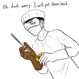 ambiguous_gender ambiguous_human blood bodily_fluids brown_clothing brown_gloves brown_handwear clothing dialogue eyewear gloves goggles handwear hat headgear headwear holding_object hooves human_only mask medical_instrument not_furry scientific_instrument severed_body_part severed_hand solo surgical_gown surgical_mask text yellow_hooves yellowcottoncandy030 fluffy_pony human mammal 1:1 english_text hi_res partially_colored