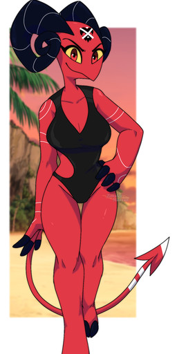 anthro barefoot beach clothing digitigrade feet female hooves horn red_body simple_background smile solo swimwear tail zimakum hellaverse helluva_boss barbie_wire humanoid imp absurd_res hi_res